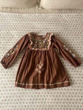 Apolina Kids Embroidered Brown Floral Long-Sleeve Dress size 3 to 5 years